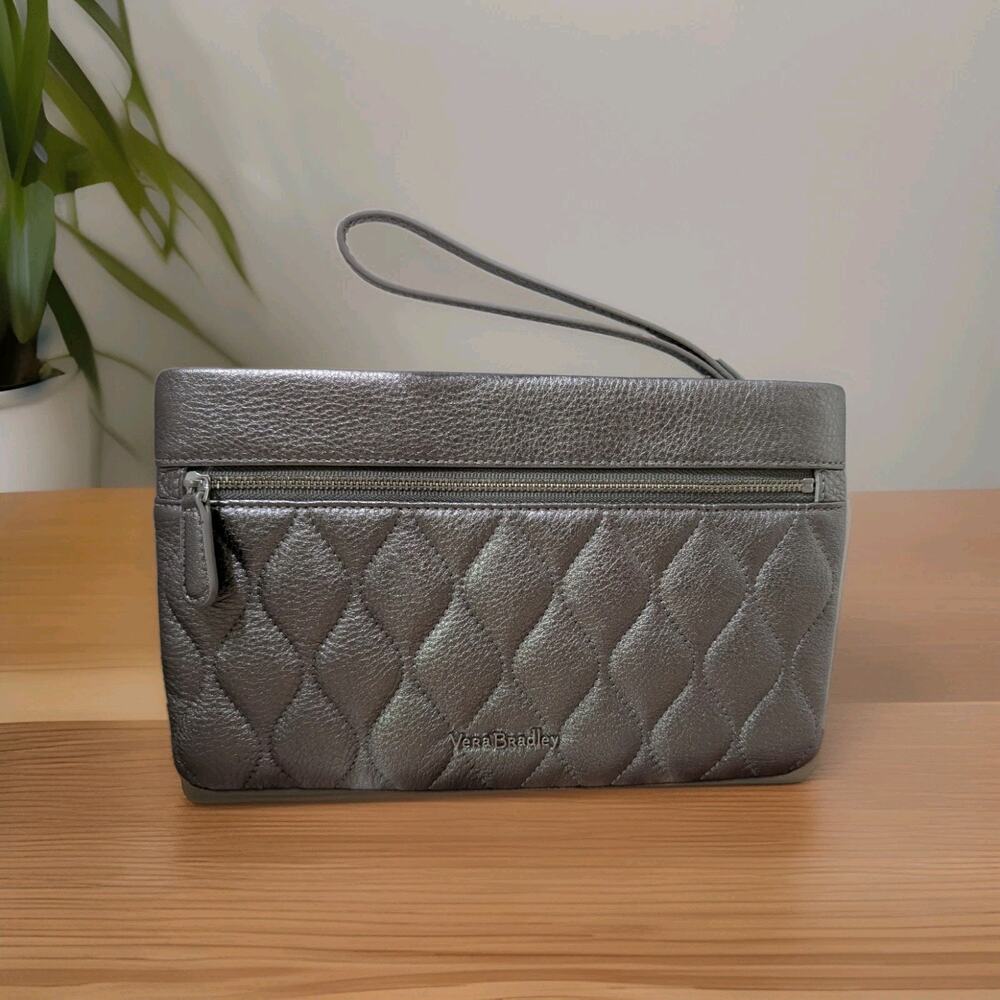 Vera Bradley Mia Wristlet Silver Metallic Quilted Leather Clutch Wallet Pouch